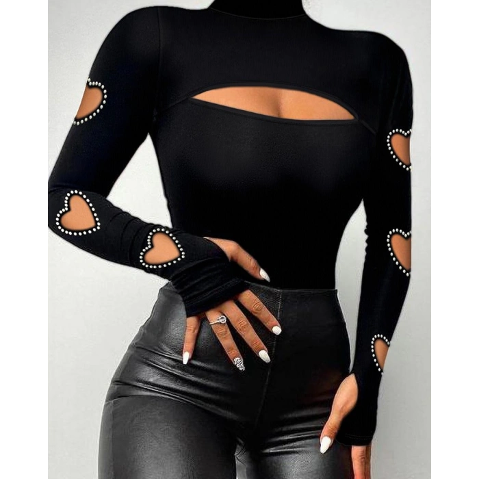 MDB Kadın Uzun Kollu Yarı Balıkçı Yaka Pencere Detaylı Kolları Kalp Desen Taşlı Viskon Bluz