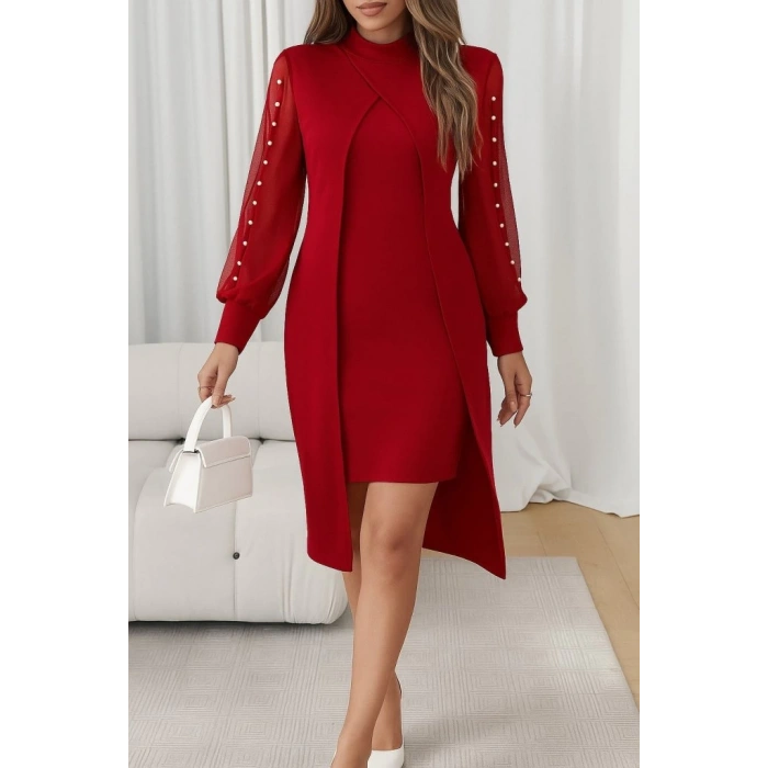 MDB Kadın Uzun Kollu Yarı Balıkçı Yaka Tül Ve Inci Detaylı Kısa Ithal Krep Midi Elbise