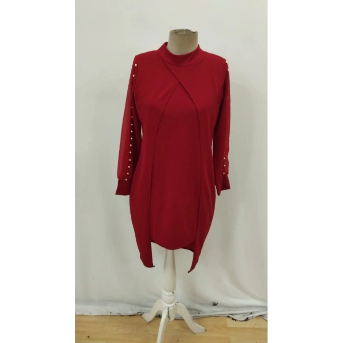 MDB Kadın Uzun Kollu Yarı Balıkçı Yaka Tül Ve Inci Detaylı Kısa Ithal Krep Midi Elbise