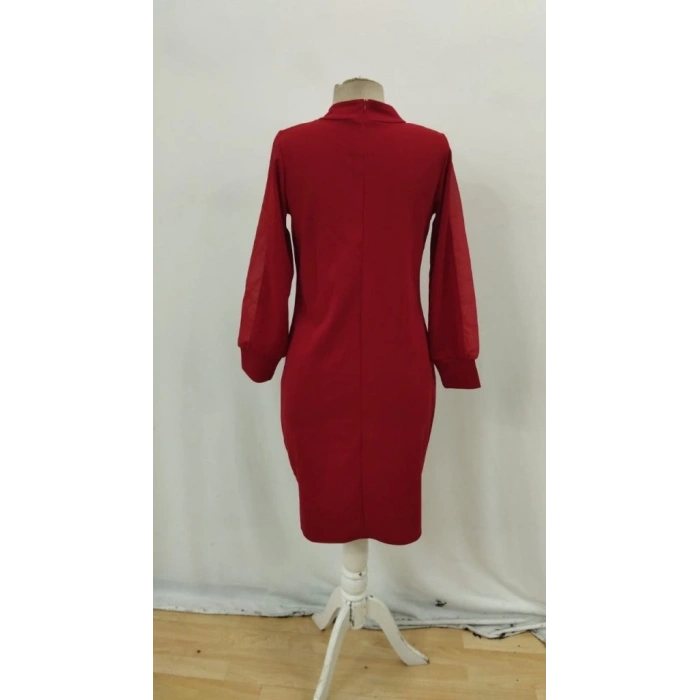 MDB Kadın Uzun Kollu Yarı Balıkçı Yaka Tül Ve Inci Detaylı Kısa Ithal Krep Midi Elbise