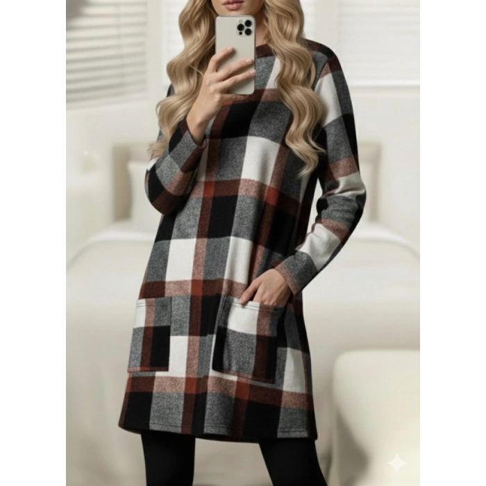 MDB Kadın Uzun Kollu Yarı Balıkçı Yakalı Cep Detaylı Ekoseli Dokuma Tunik