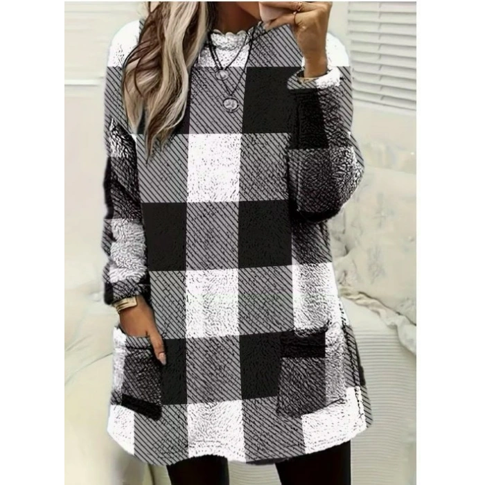 MDB Kadın Uzun Kollu Yarı Balıkçı Yakalı Cep Detaylı Ekoseli Dokuma Tunik