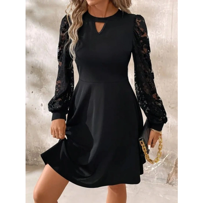 MDB Kadın Uzun Kollu Yuvarlak Damla Detaylı Kolları Tül Detaylı Kısa Ithal Krep Elbise