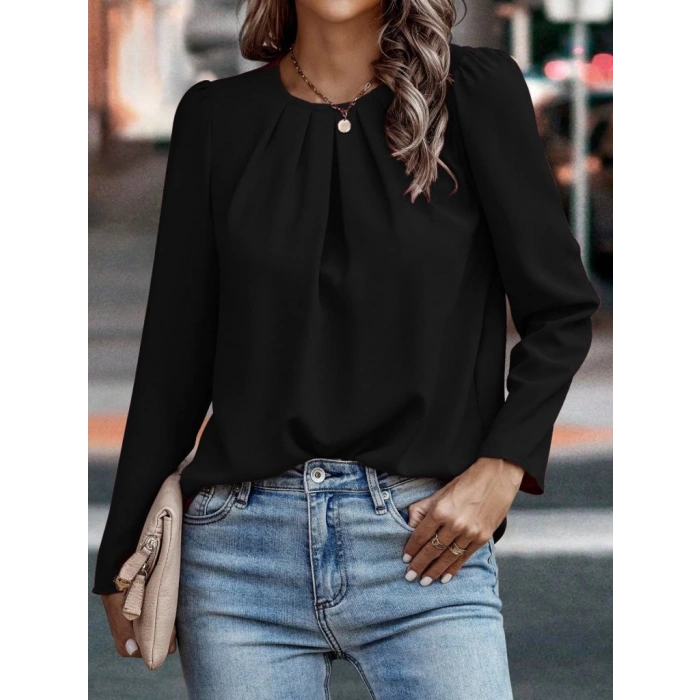 MDB Kadın Uzun Kollu Yuvarlak önden Pileli Ithal Krep Bluz