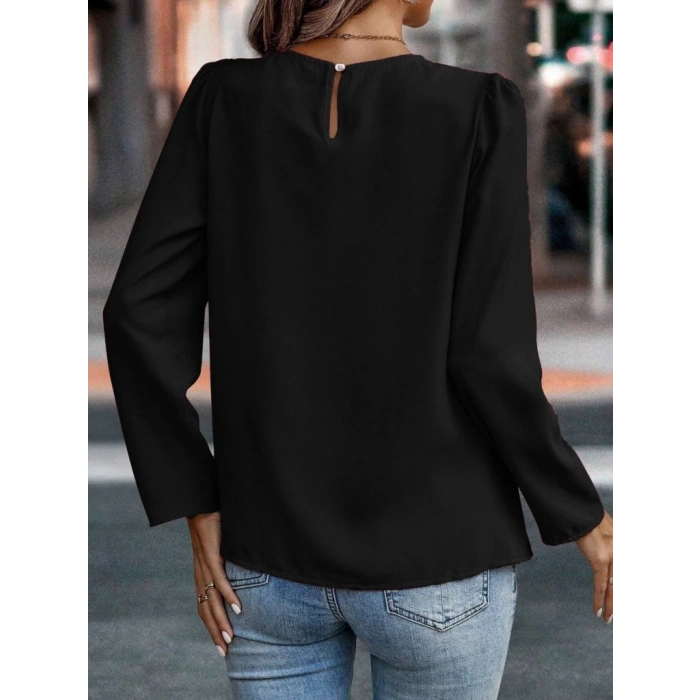 MDB Kadın Uzun Kollu Yuvarlak önden Pileli Ithal Krep Bluz