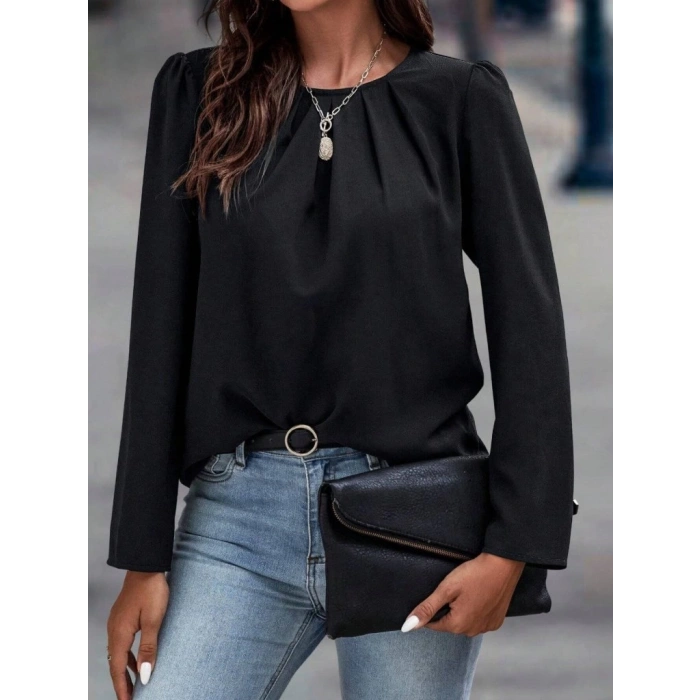 MDB Kadın Uzun Kollu Yuvarlak önden Pileli Ithal Krep Bluz