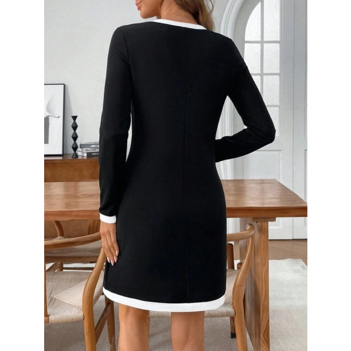 MDB Kadın Uzun Kollu Yuvarlak V Yakalı şerit Detaylı Modal Mini Elbise