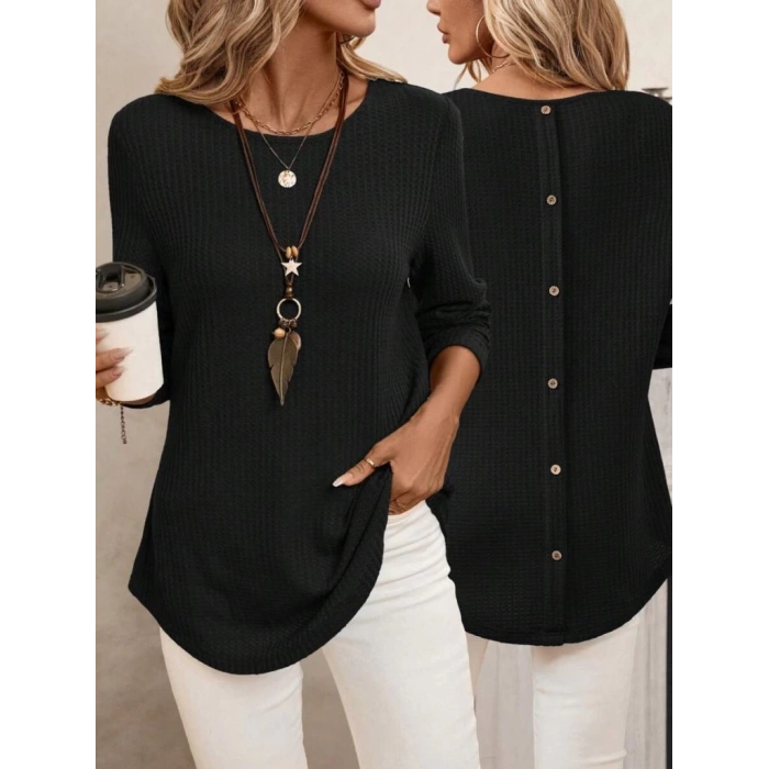 MDB Kadın Uzun Kollu Yuvarlak Yaka Arkadan Düğmeli Waffle Bluz