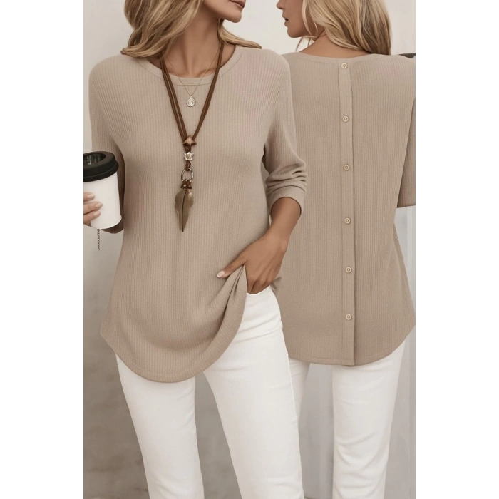 MDB Kadın Uzun Kollu Yuvarlak Yaka Arkadan Düğmeli Waffle Bluz