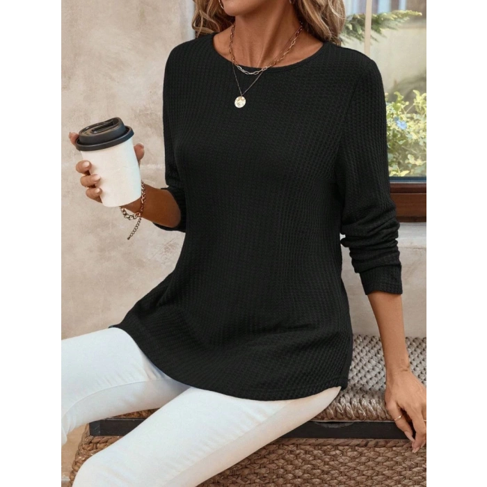 MDB Kadın Uzun Kollu Yuvarlak Yaka Arkadan Düğmeli Waffle Bluz