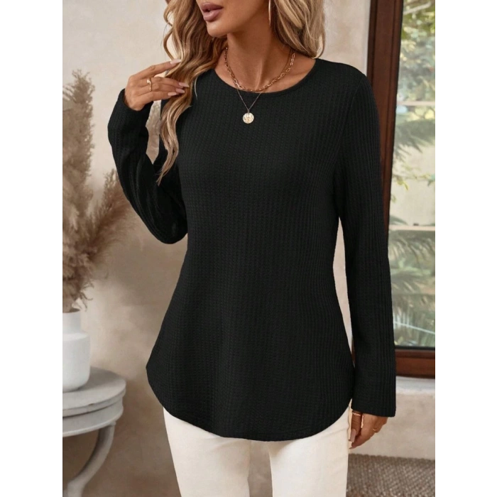 MDB Kadın Uzun Kollu Yuvarlak Yaka Arkadan Düğmeli Waffle Bluz