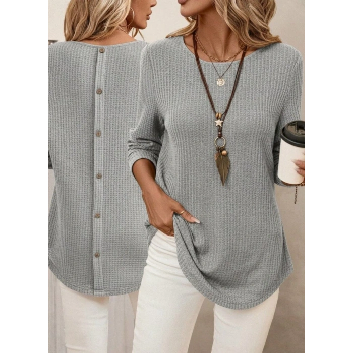 MDB Kadın Uzun Kollu Yuvarlak Yaka Arkadan Düğmeli Waffle Bluz
