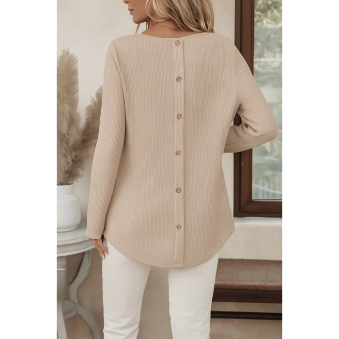 MDB Kadın Uzun Kollu Yuvarlak Yaka Arkadan Düğmeli Waffle Bluz
