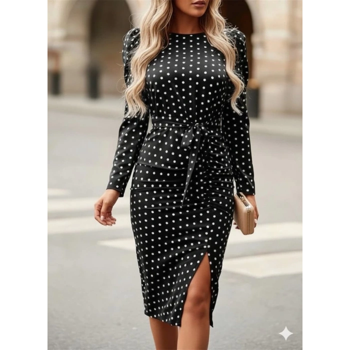 MDB Kadın Uzun Kollu Yuvarlak Yaka Belden Kuşaklı önden Yırtmaçlı örme Krep Elbise