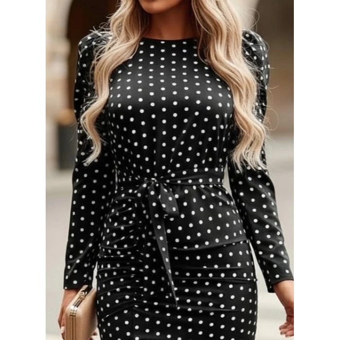 MDB Kadın Uzun Kollu Yuvarlak Yaka Belden Kuşaklı önden Yırtmaçlı örme Krep Elbise