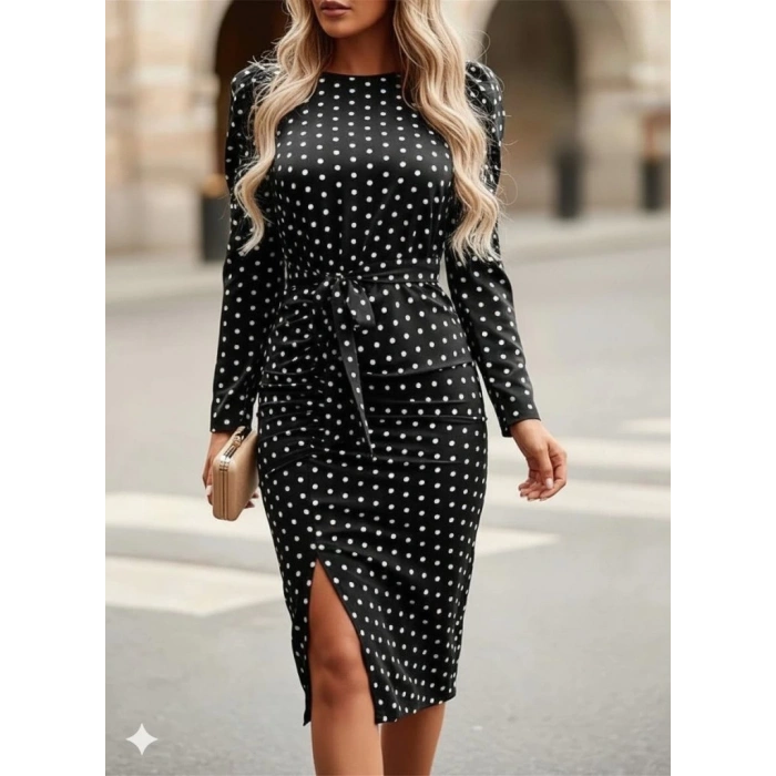 MDB Kadın Uzun Kollu Yuvarlak Yaka Belden Kuşaklı önden Yırtmaçlı örme Krep Elbise