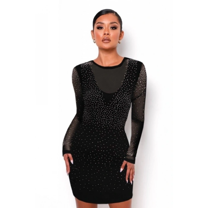 MDB Kadın Uzun Kollu Yuvarlak Yaka Dekolteli Taşlı Dalgıç Elbise