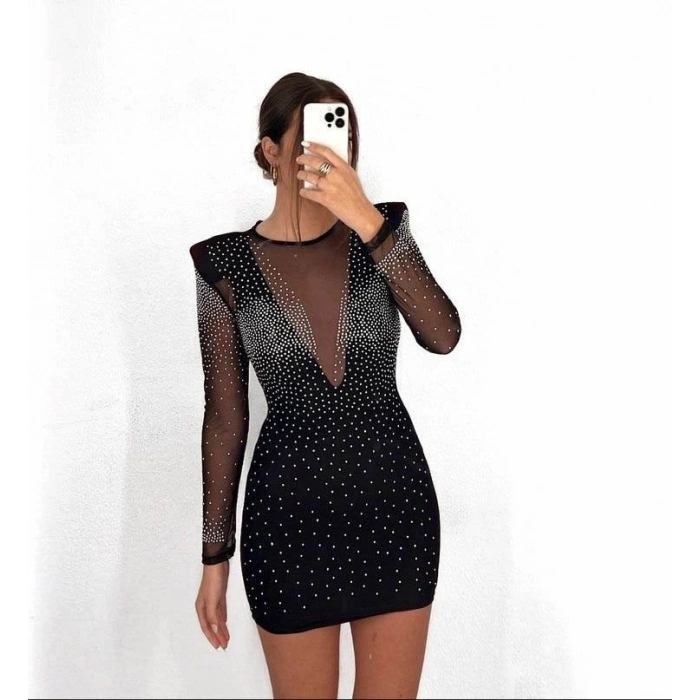 MDB Kadın Uzun Kollu Yuvarlak Yaka Dekolteli Taşlı Dalgıç Elbise