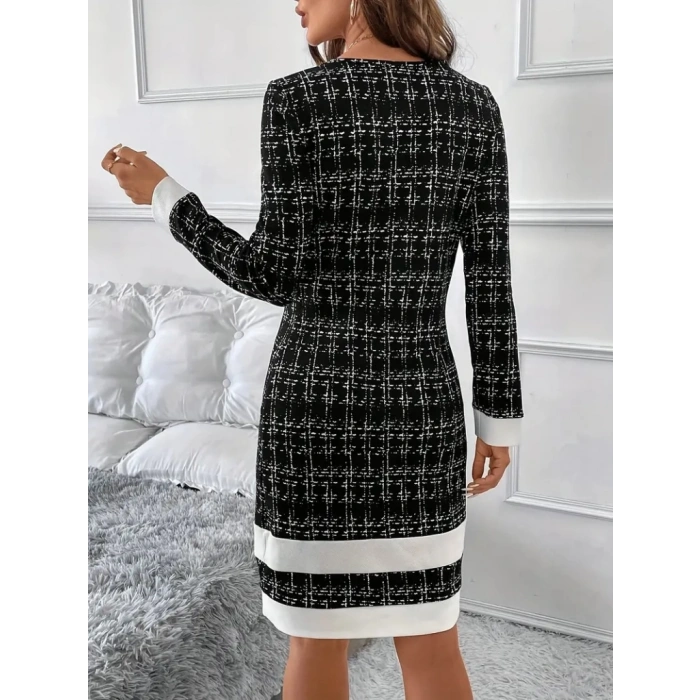 MDB Kadın Uzun Kollu Yuvarlak Yaka Etek Ucu şerit Detaylı Kısa Dokuma Elbise