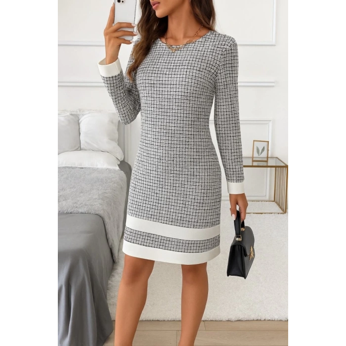 MDB Kadın Uzun Kollu Yuvarlak Yaka Etek Ucu şerit Detaylı Mini Dokuma Elbise