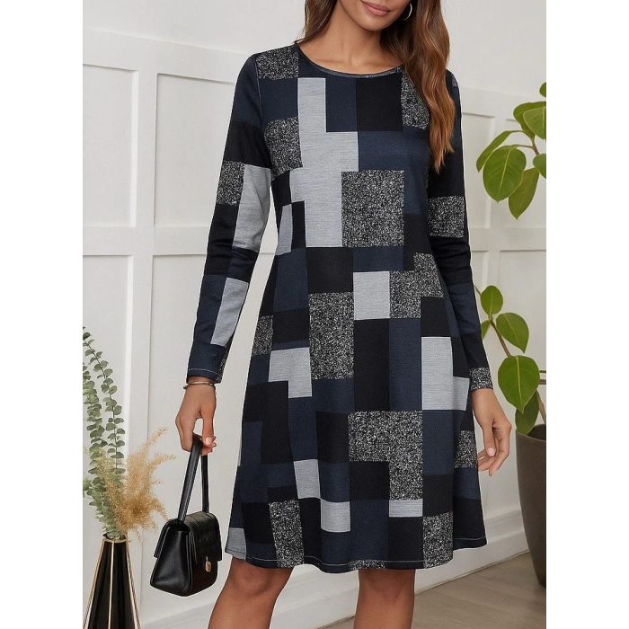 MDB Kadın Uzun Kollu Yuvarlak Yaka Geometrik Süprem Elbise