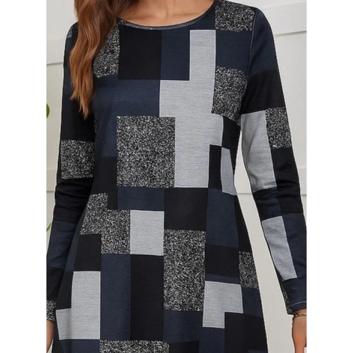 MDB Kadın Uzun Kollu Yuvarlak Yaka Geometrik Süprem Elbise