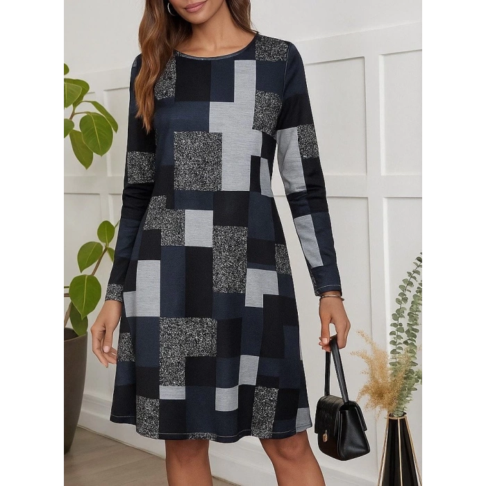 MDB Kadın Uzun Kollu Yuvarlak Yaka Geometrik Süprem Elbise