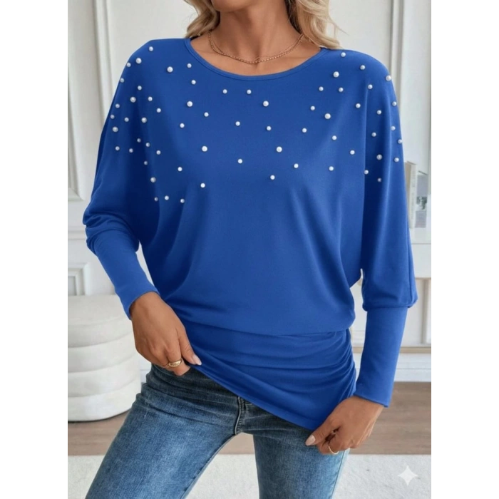 MDB Kadın Uzun Kollu Yuvarlak Yaka Incili Viskon Bluz