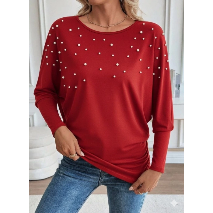 MDB Kadın Uzun Kollu Yuvarlak Yaka Incili Viskon Bluz