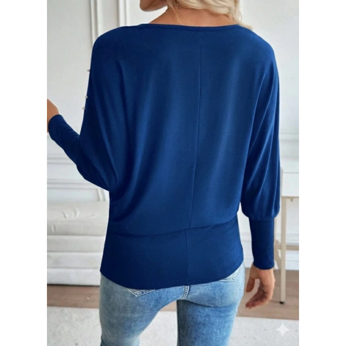 MDB Kadın Uzun Kollu Yuvarlak Yaka Incili Viskon Bluz