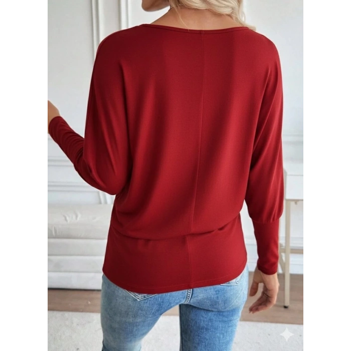 MDB Kadın Uzun Kollu Yuvarlak Yaka Incili Viskon Bluz