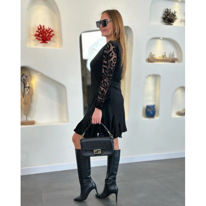 MDB Kadın Uzun Kollu Yuvarlak Yaka Kol Ve Etek Ucu Dantelli Kısa Ithal Krep Elbise