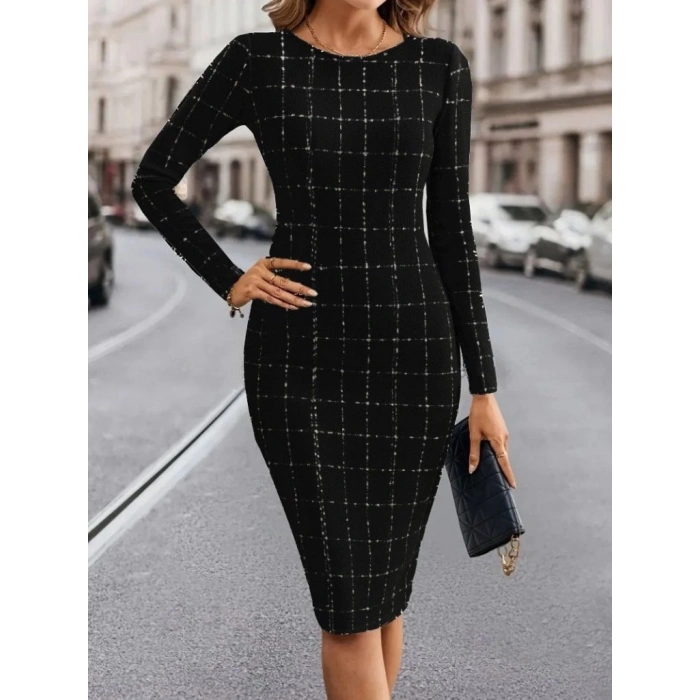 MDB Kadın Uzun Kollu Yuvarlak Yaka Mini Dokuma Elbise