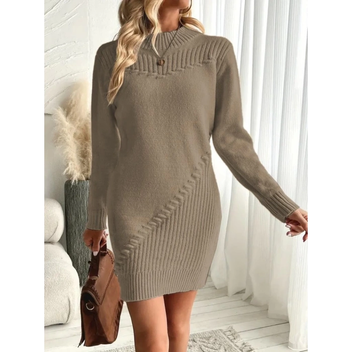 MDB Kadın Uzun Kollu Yuvarlak Yaka Mini Triko Elbise