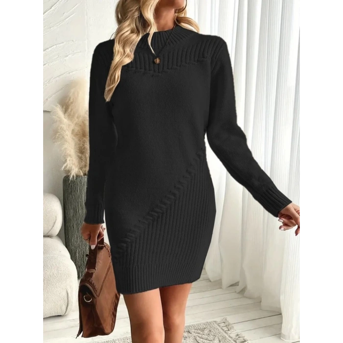 MDB Kadın Uzun Kollu Yuvarlak Yaka Mini Triko Elbise