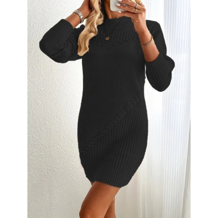 MDB Kadın Uzun Kollu Yuvarlak Yaka Mini Triko Elbise