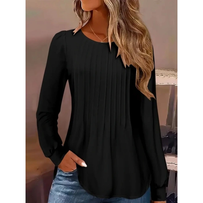 MDB Kadın Uzun Kollu Yuvarlak Yaka Nervürlü Bluz