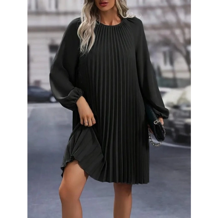 MDB Kadın Uzun Kollu Yuvarlak Yaka Pileli Salaş Mini Ithal Krep Elbise