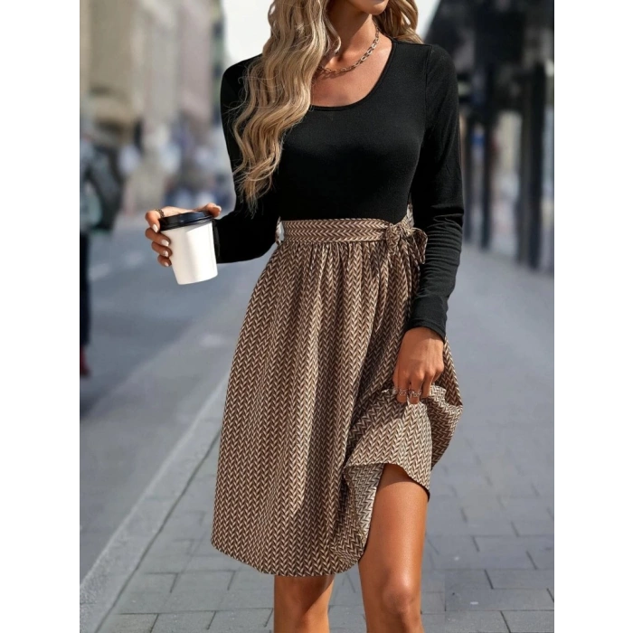 MDB Kadın Uzun Kollu Yuvarlak Yaka üst Viskon Alt Süprem Midi Elbise