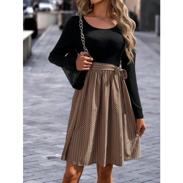 MDB Kadın Uzun Kollu Yuvarlak Yaka üst Viskon Alt Süprem Midi Elbise