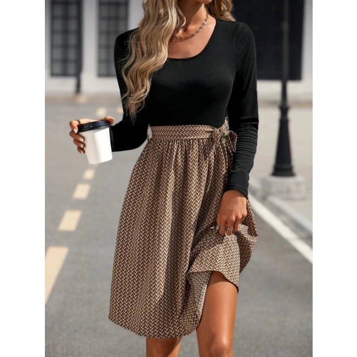 MDB Kadın Uzun Kollu Yuvarlak Yaka üst Viskon Alt Süprem Midi Elbise