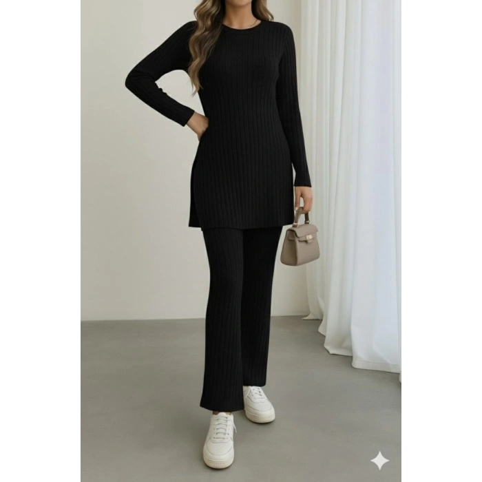 MDB Kadın Uzun Kollu Yuvarlak Yaka Yandan Yırtmaç Detaylı şardonlu Kaşkorse Bluz Ve Pantolon Ikili Takım