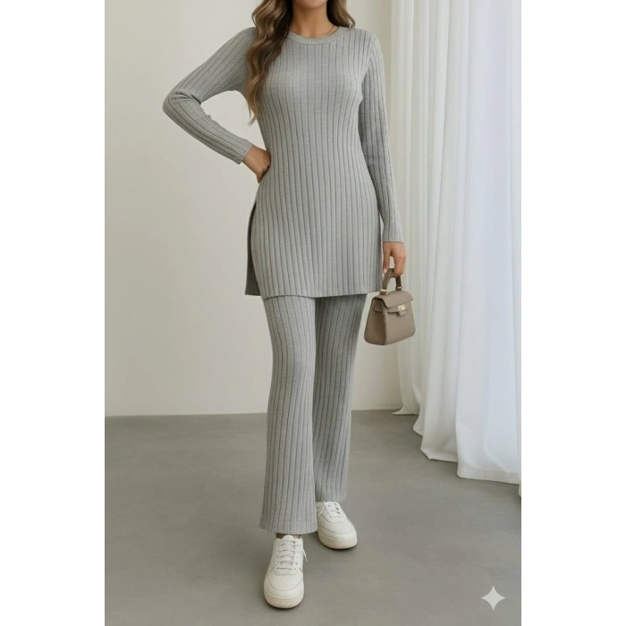 MDB Kadın Uzun Kollu Yuvarlak Yaka Yandan Yırtmaç Detaylı şardonlu Kaşkorse Bluz Ve Pantolon Ikili Takım