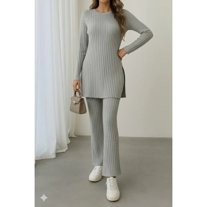 MDB Kadın Uzun Kollu Yuvarlak Yaka Yandan Yırtmaç Detaylı şardonlu Kaşkorse Bluz Ve Pantolon Ikili Takım