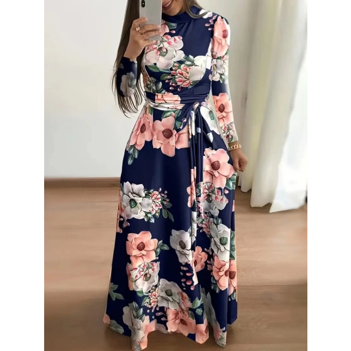 MDB Kadın Uzun Kollu Yuvarlak Yakalı Beli Kuşaklı Desenli Süprem Uzun Elbise