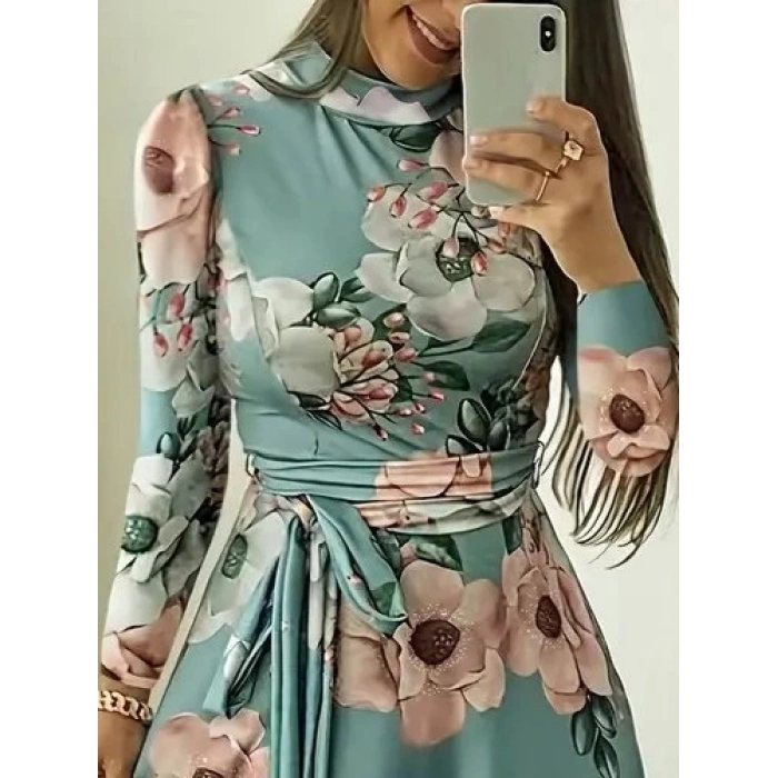 MDB Kadın Uzun Kollu Yuvarlak Yakalı Beli Kuşaklı Desenli Süprem Uzun Elbise