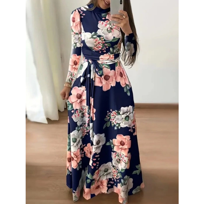 MDB Kadın Uzun Kollu Yuvarlak Yakalı Beli Kuşaklı Desenli Süprem Uzun Elbise