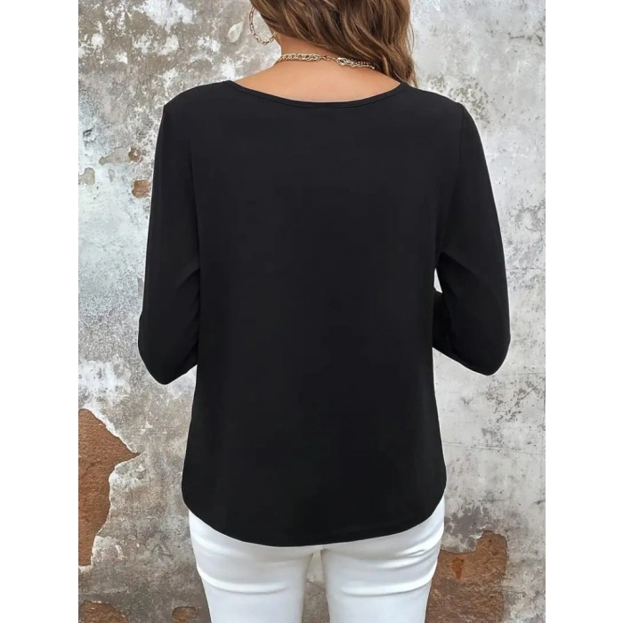 MDB Kadın Uzun Kollu Yuvarlak Yakalı çift Renkli Dantel Detaylı Viskon Bluz