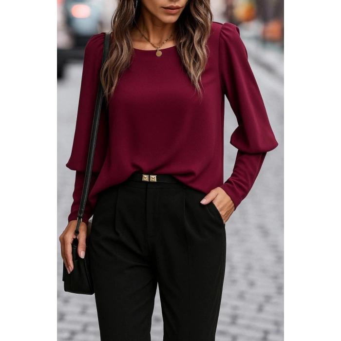 MDB Kadın Uzun Kollu Yuvarlak Yakalı Düğmeli Ithal Krep Bluz