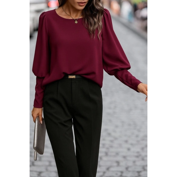 MDB Kadın Uzun Kollu Yuvarlak Yakalı Düğmeli Ithal Krep Bluz